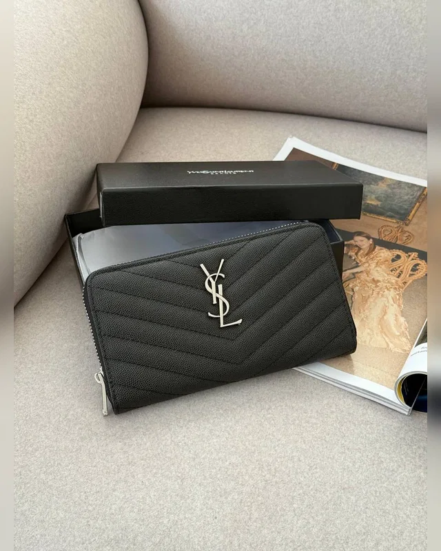 Saint Laurent Plain Leather Long Wallet Black Silver 20 х 10 х 3 — головне фото товару