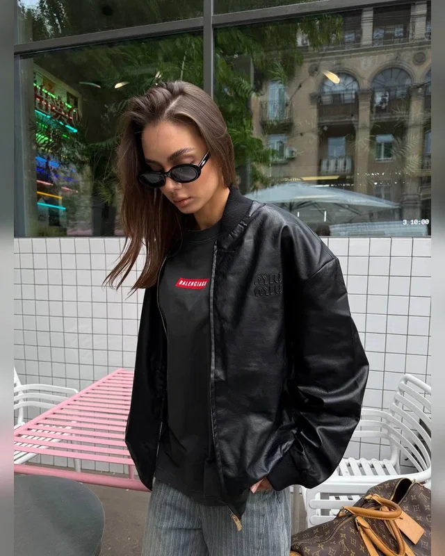 Miu Miu Leather Bomber Jacket Black One Size — головне фото товару