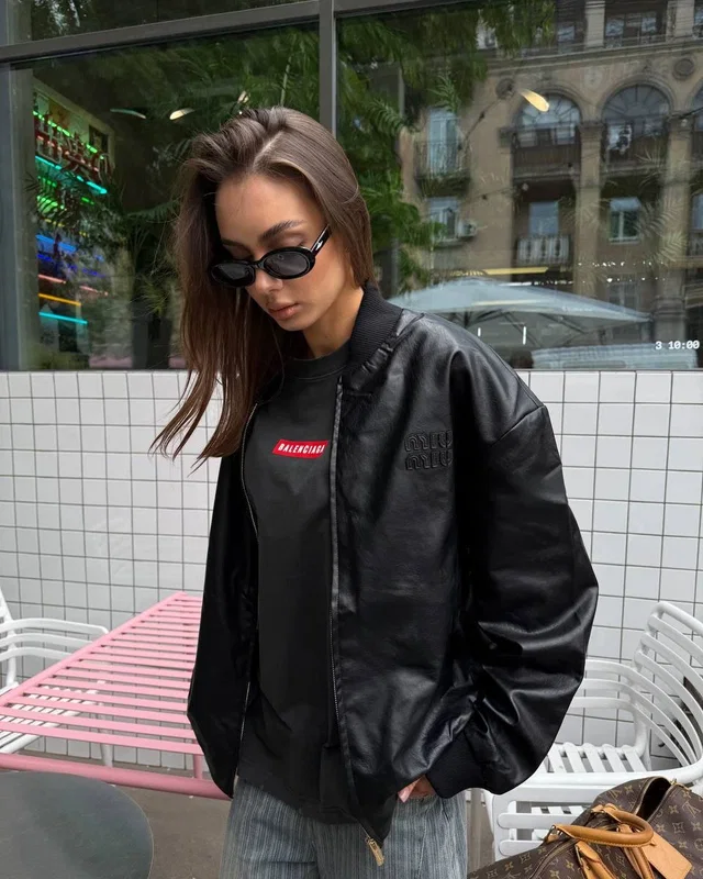 Miu Miu Leather Bomber Jacket Black One Size — головне фото товару
